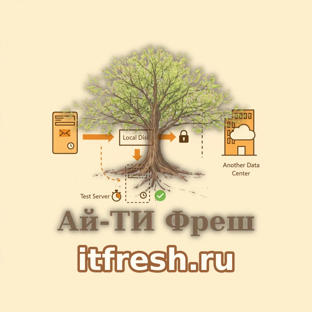 Схема резервного контура mailcow по правилу 3-2-1: сервер копируется ночным заданием на локальный диск, оттуда архив уходит на внешнее хранилище в другом дата-центре, пунктирная ветка ведёт к тестовому серверу с секундомером — квартальная проверка восстановления