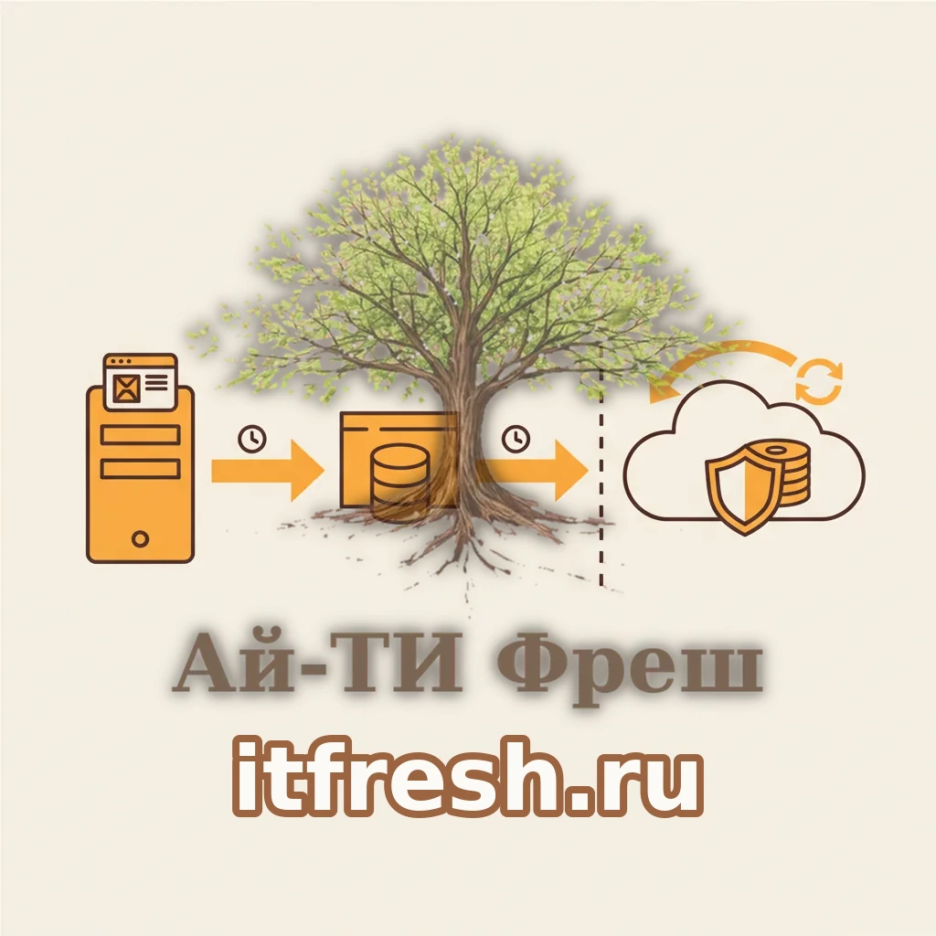 Схема бэкапа 3-2-1 для сайта на MODX: прод-сервер, локальный архив и офсайт-хранилище в другом ЦОД, соединённые оранжевыми потоками данных