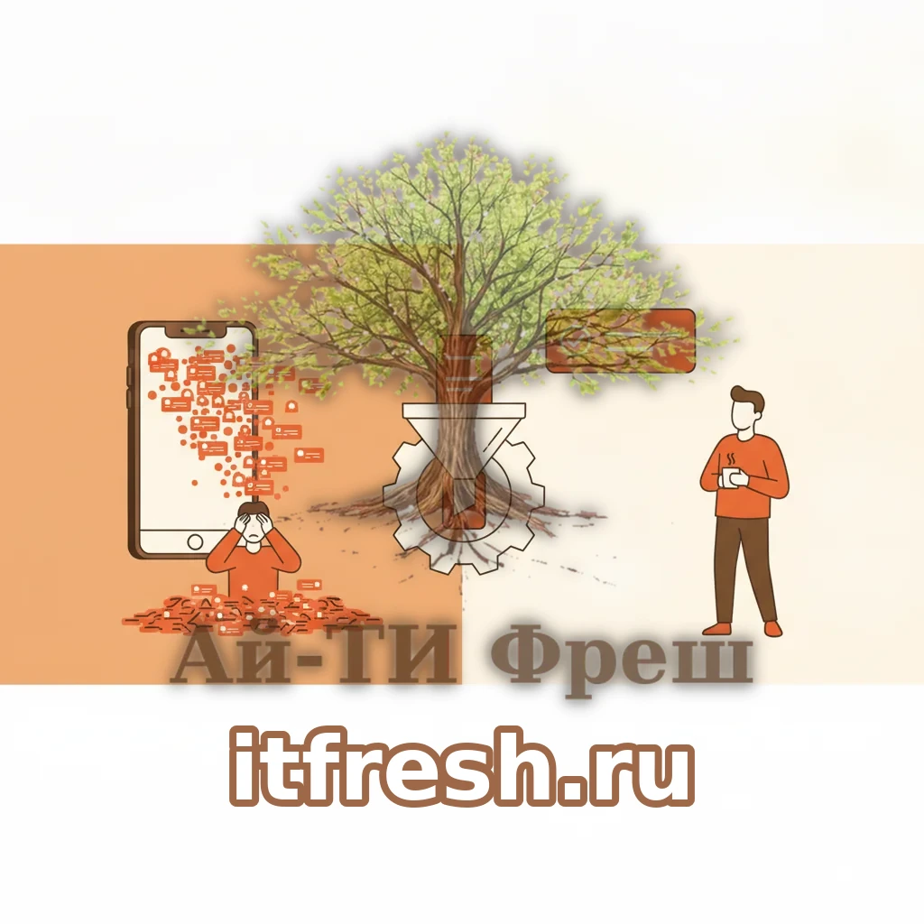 Порядок против хаоса в мониторинге: слева тёмная зона со смартфоном, заваленным десятками красных уведомлений, справа светлая зона с одним аккуратным оранжевым алертом и спокойным инженером с кофе, между ними шестерёнка-фильтр