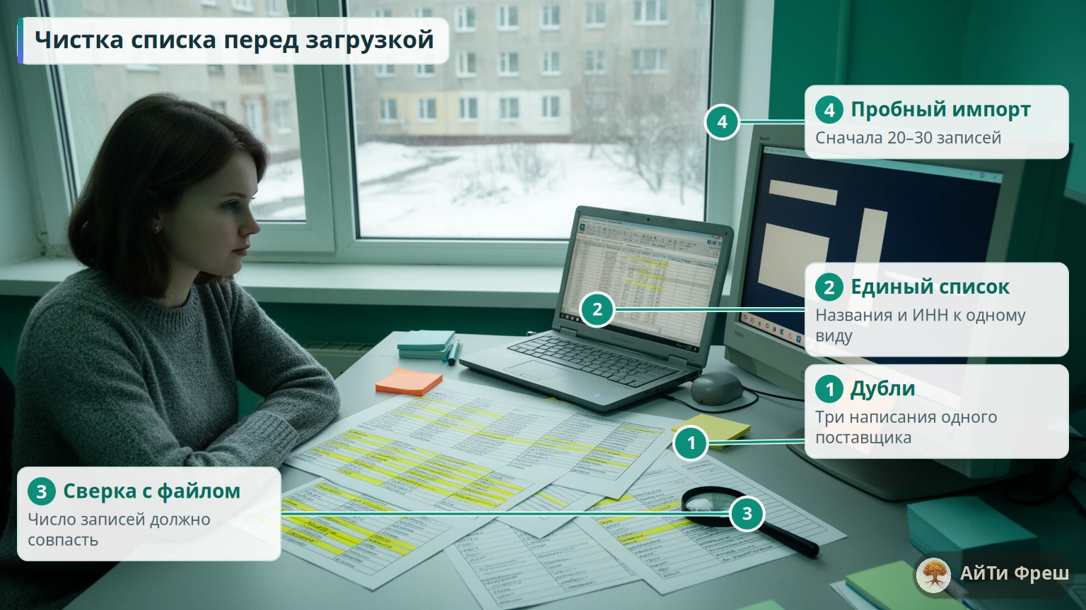 Снабженица в российском офисе выделяет маркером дубли поставщиков в распечатках перед загрузкой в систему