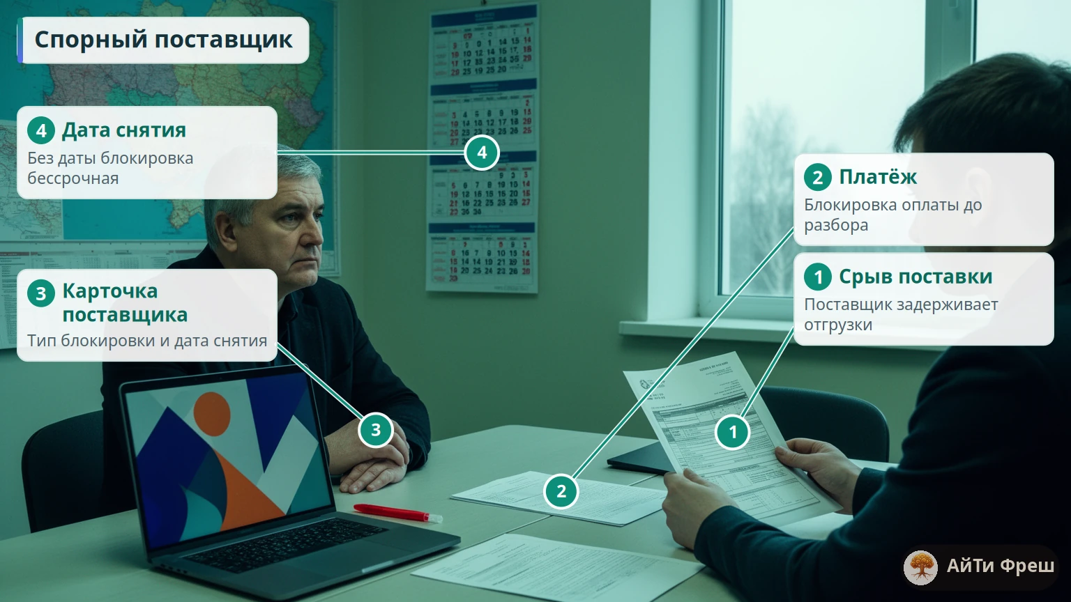 Руководитель снабжения и сотрудник обсуждают спорного поставщика, на столе платёжка с красным маркером и ноутбук
