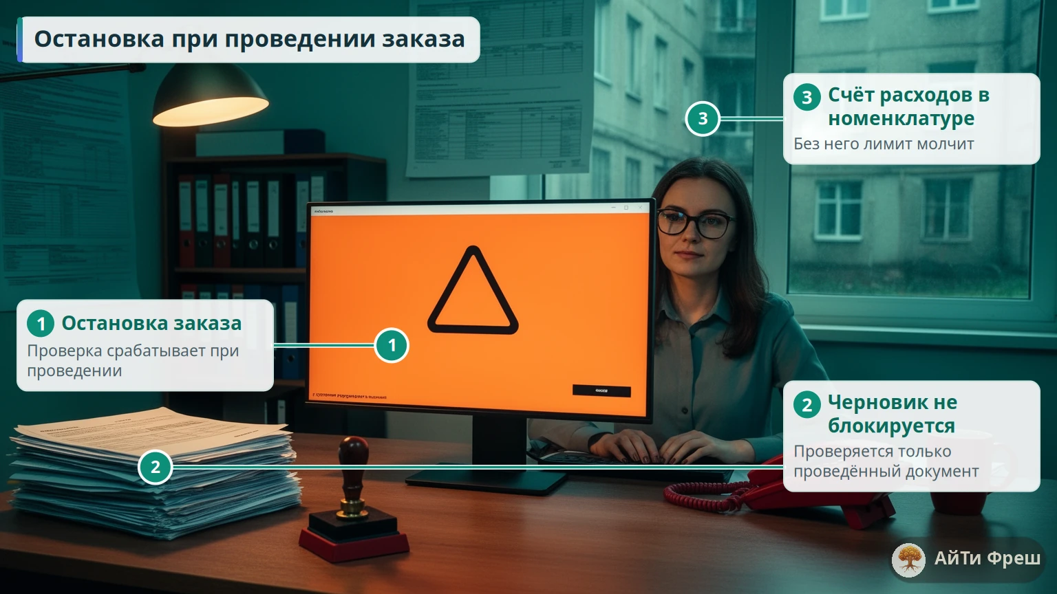 Снабженец за компьютером с предупреждением, слева стопка бумажных заказов со штампом, справа телефон и папки