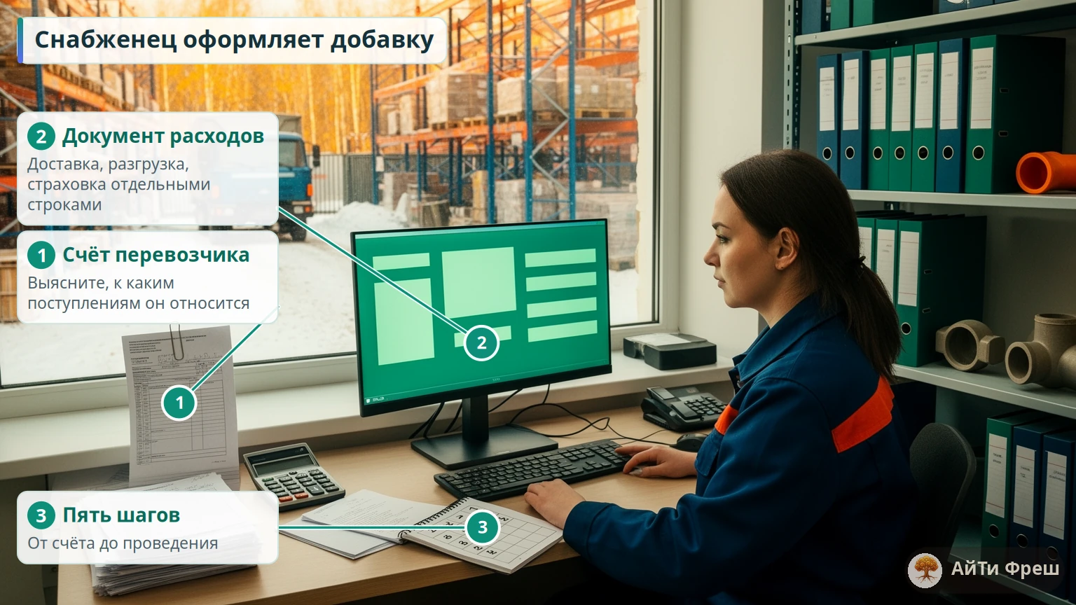 Снабженец с бумажным счётом перевозчика и компьютером с таблицей, справа блокнот с чек-листом