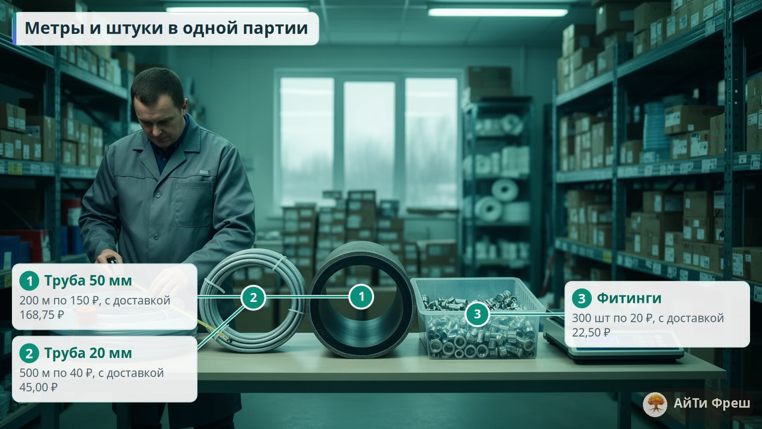 Кладовщик со складной рулеткой у катушки трубы, на столе большая труба, тонкая бухта и лоток с фитингами