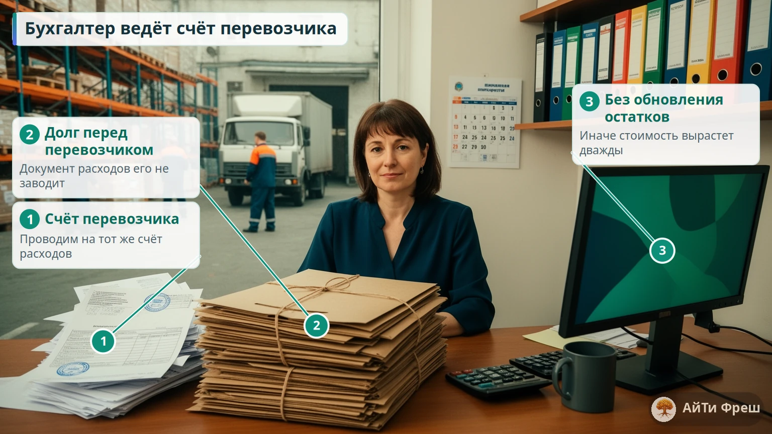 Бухгалтер с бумажными счетами перевозчика со штампами, папками и калькулятором в небольшой компании