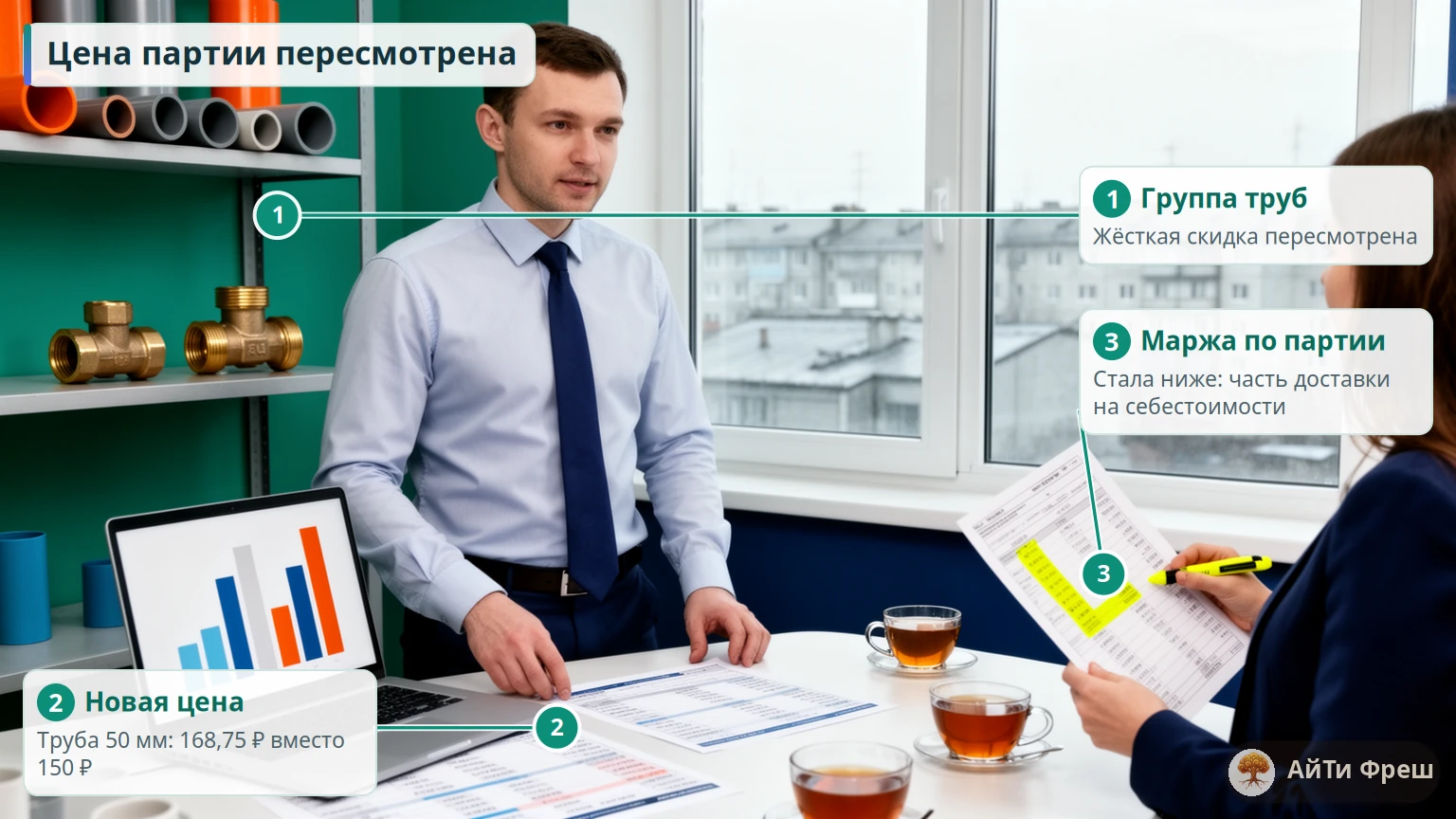Менеджер с прайс-листом и коллега с маркированным отчётом о марже рядом с полкой образцов труб