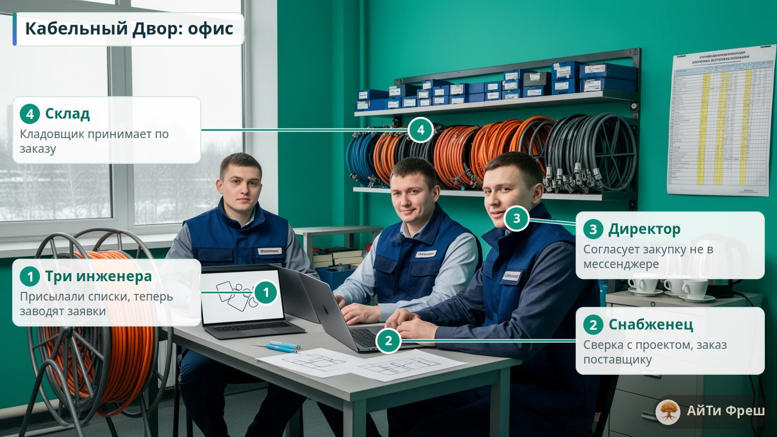 Инженеры, снабженец и директор в офисе монтажной компании: катушки кабеля на стеллажах, график работ на стене