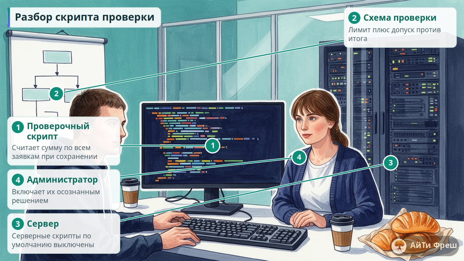 Разработчик и администратор разбирают проверочный скрипт на широком мониторе, за стеклом виднеется серверная стойка