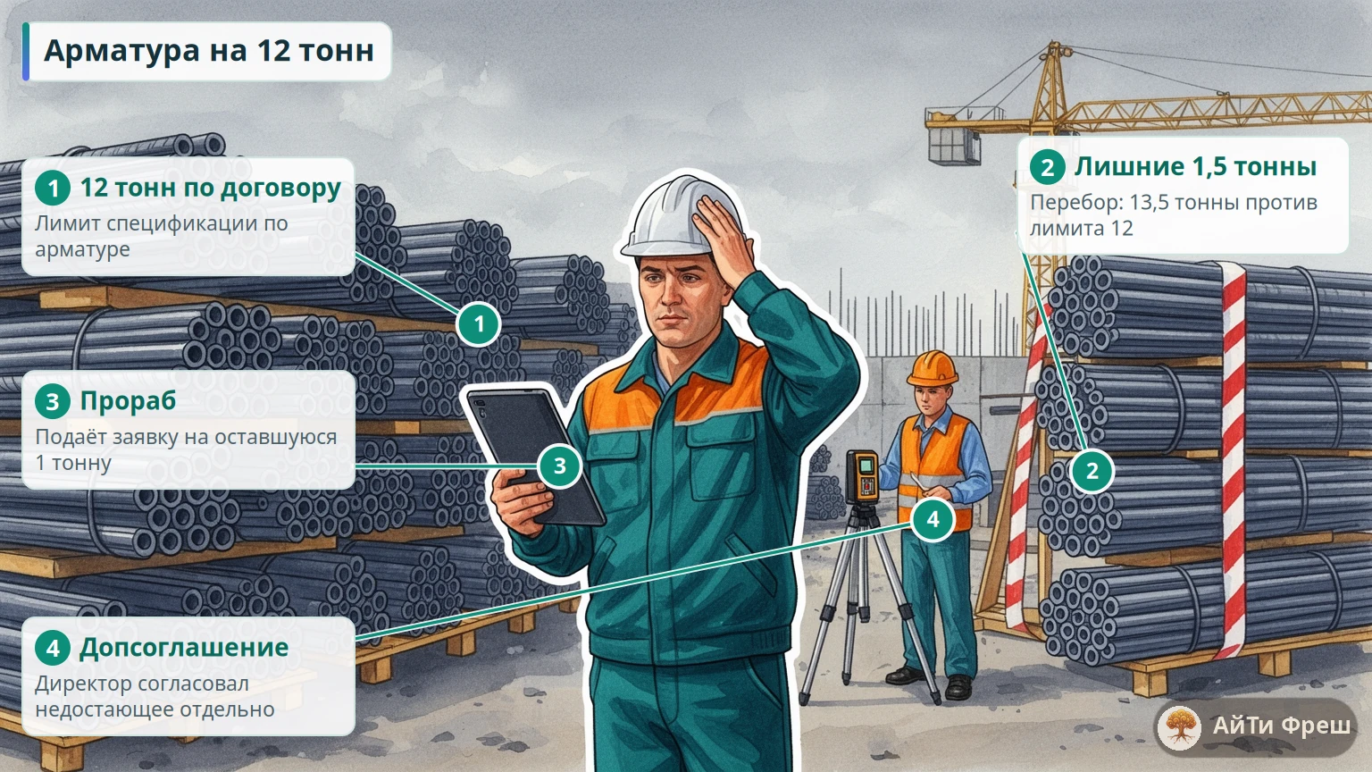Прораб с планшетом у штабелей арматуры, справа отдельно связки с красной лентой, перебор над лимитом