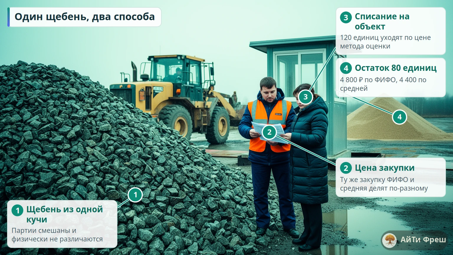 Производитель работ и бухгалтер у кучи щебня на дорожной базе обсуждают накладную и цену списания