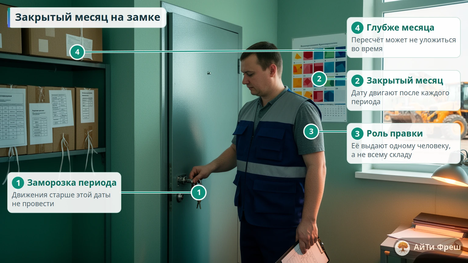 Начальник склада запирает дверь архива на замок: закрытый месяц защищён от проводок задним числом