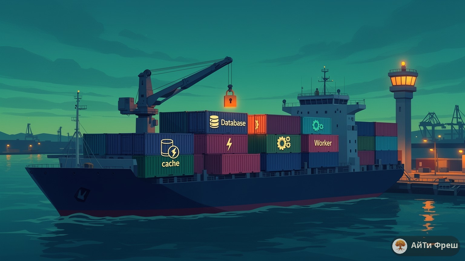 Контейнеровоз с цветными ящиками в порту: установка ERPNext в Docker для продакшена
