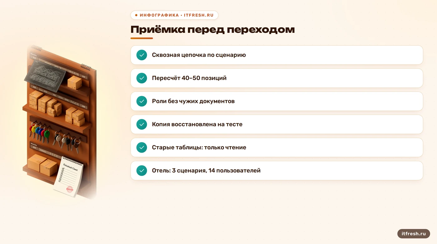 Чек-лист приёмки ERPNext перед переходом: цепочка, пересчёт, роли, копия, старые таблицы