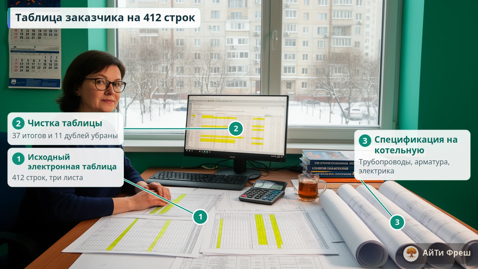 Сметчик за столом с распечатанными таблицами спецификации, посередине монитор с таблицей, справа чертежи