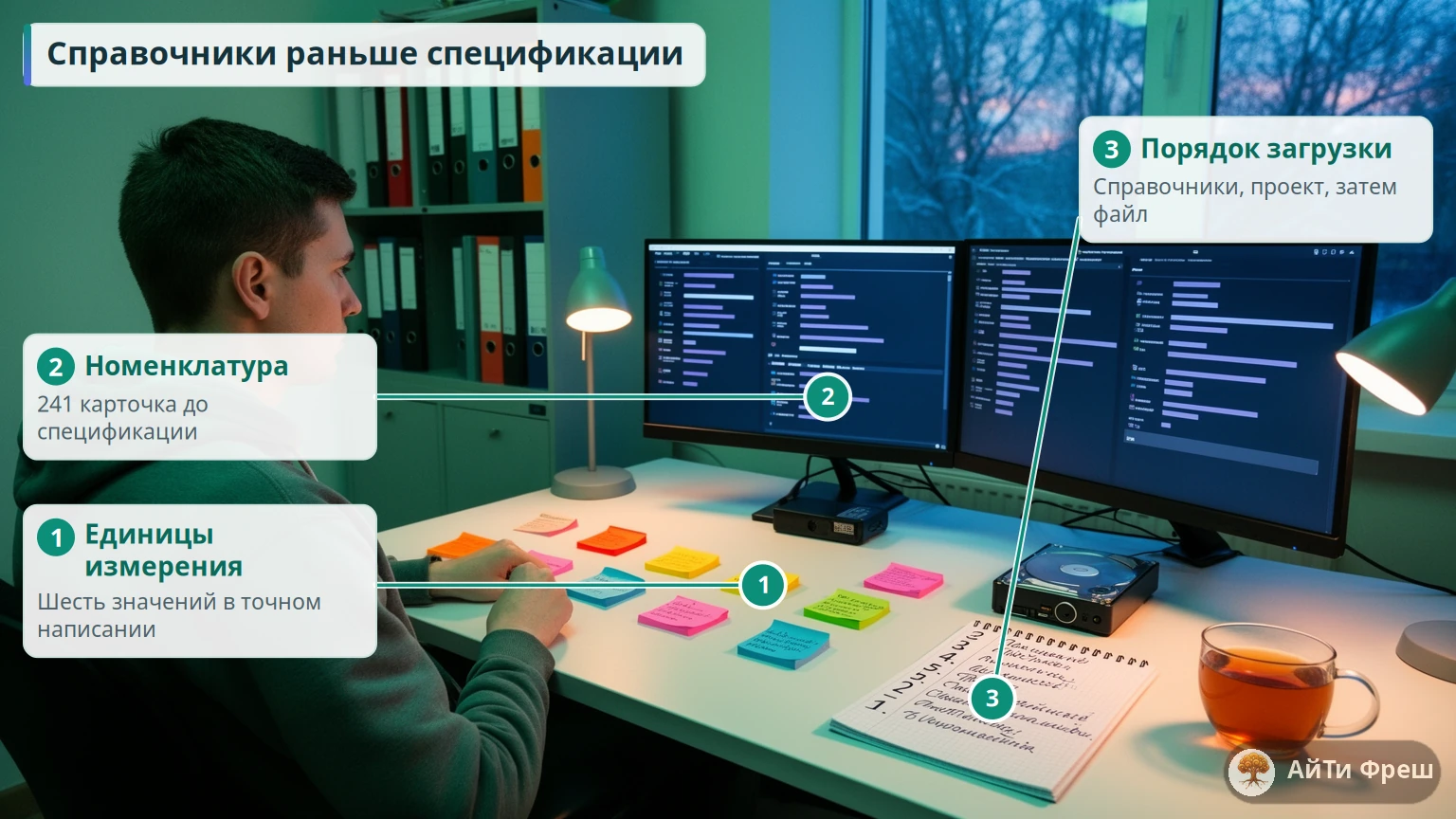 Администратор у двух мониторов, на столе три ряда цветных стикеров по порядку загрузки, справа блокнот с планом