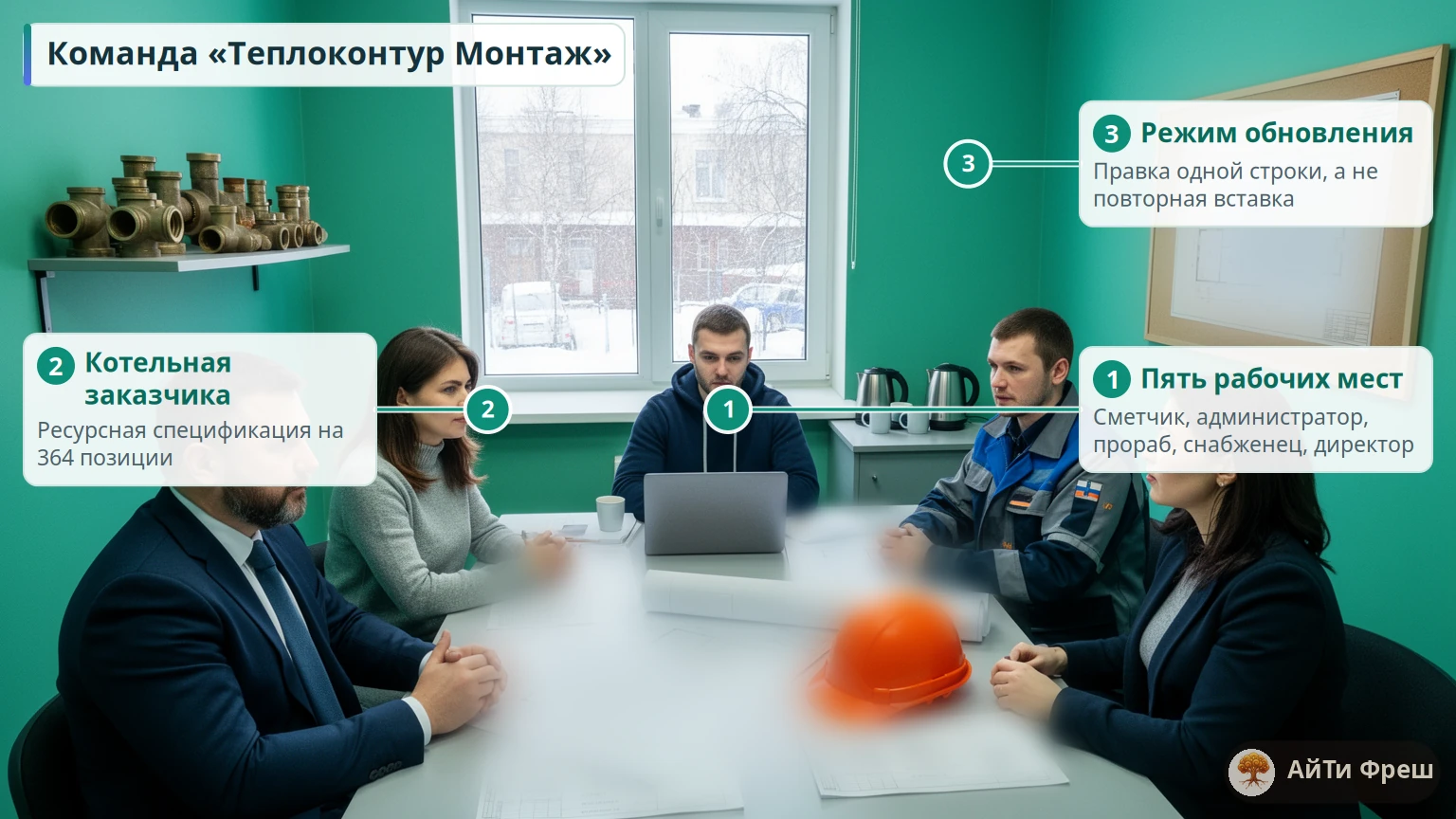 Пять сотрудников подрядчика за столом с ноутбуком и списками, слева образцы арматуры, справа план котельной