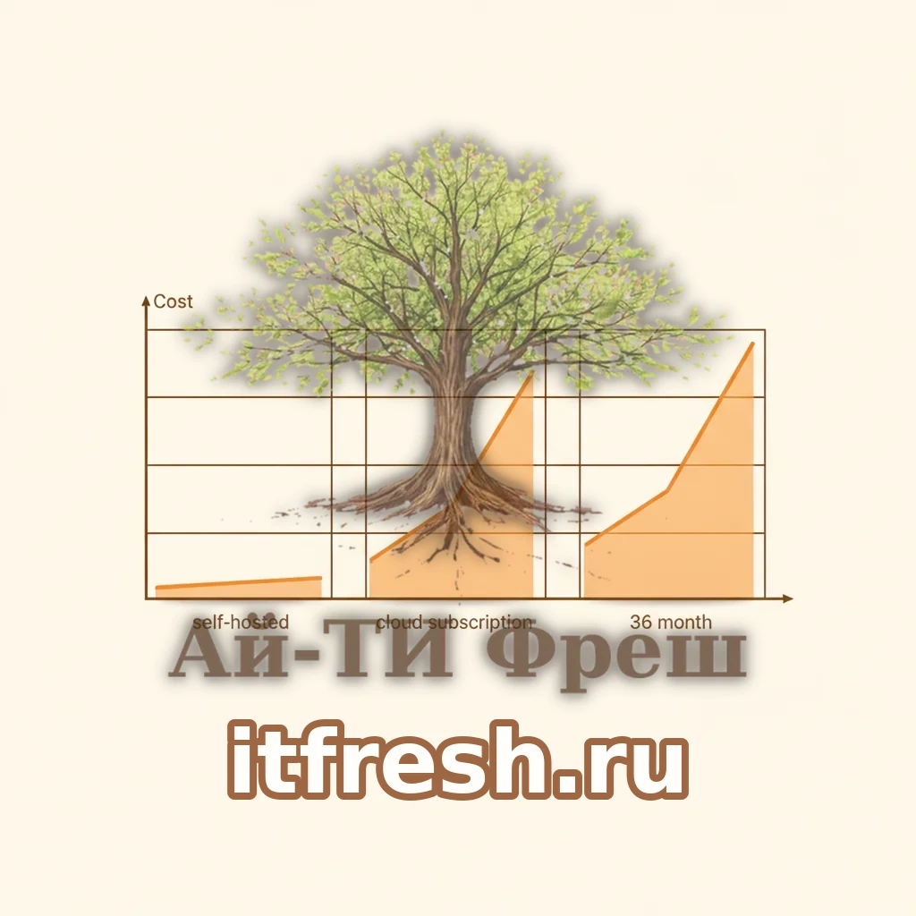 Инфографика роста расходов за 36 месяцев: плоская линия self-hosted против растущих облачных подписок