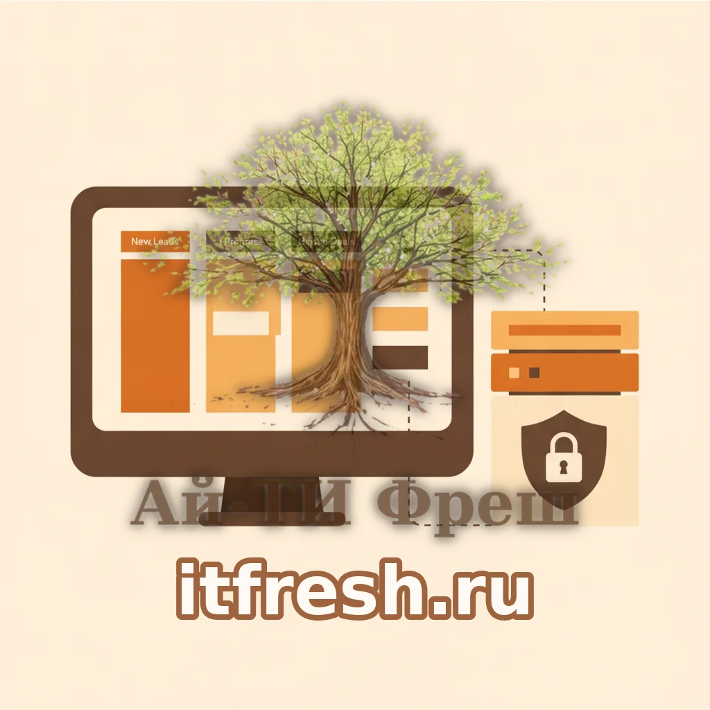 Экран EspoCRM с канбан-воронкой продаж рядом с сервером-башней self-hosted в тёплой палитре
