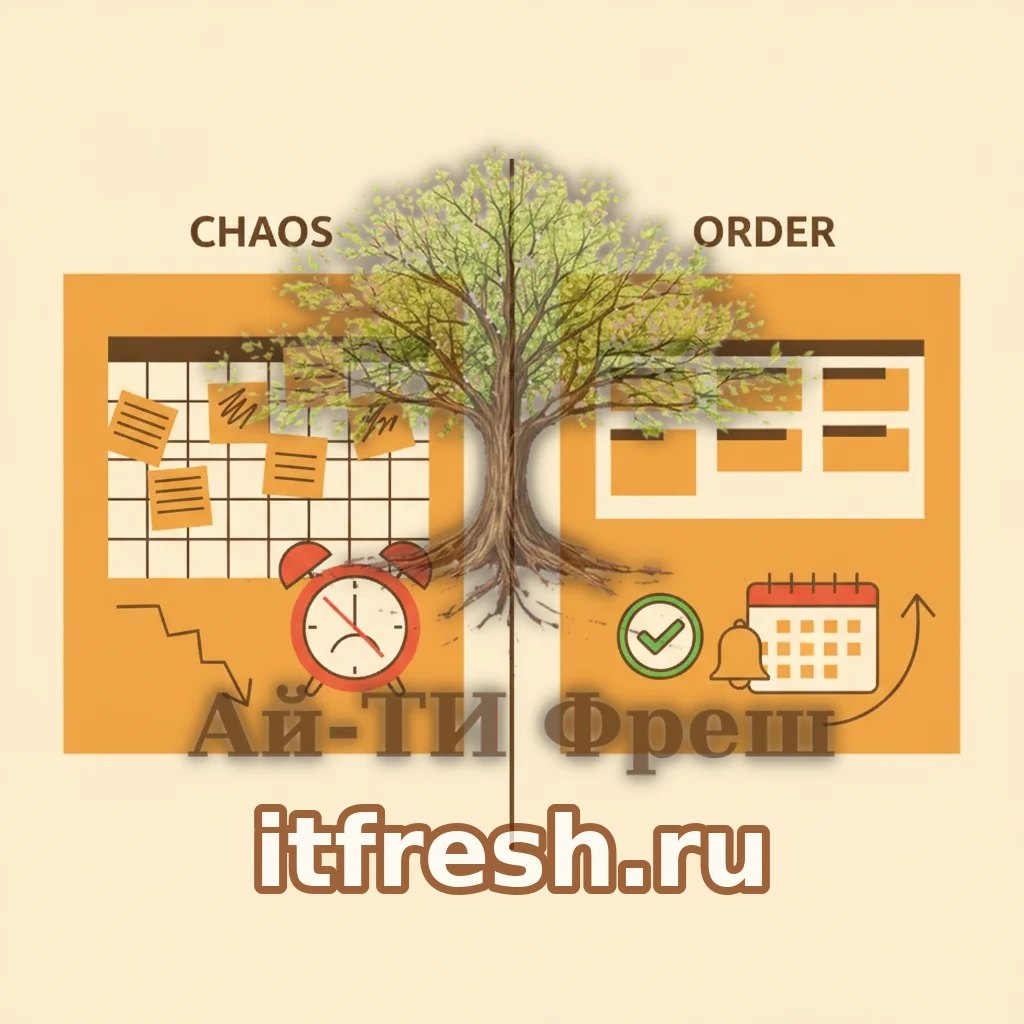 Инфографика до и после внедрения EspoCRM в бухфирме: слева хаос Excel и пропущенные дедлайны, справа канбан отчётных периодов и напоминания