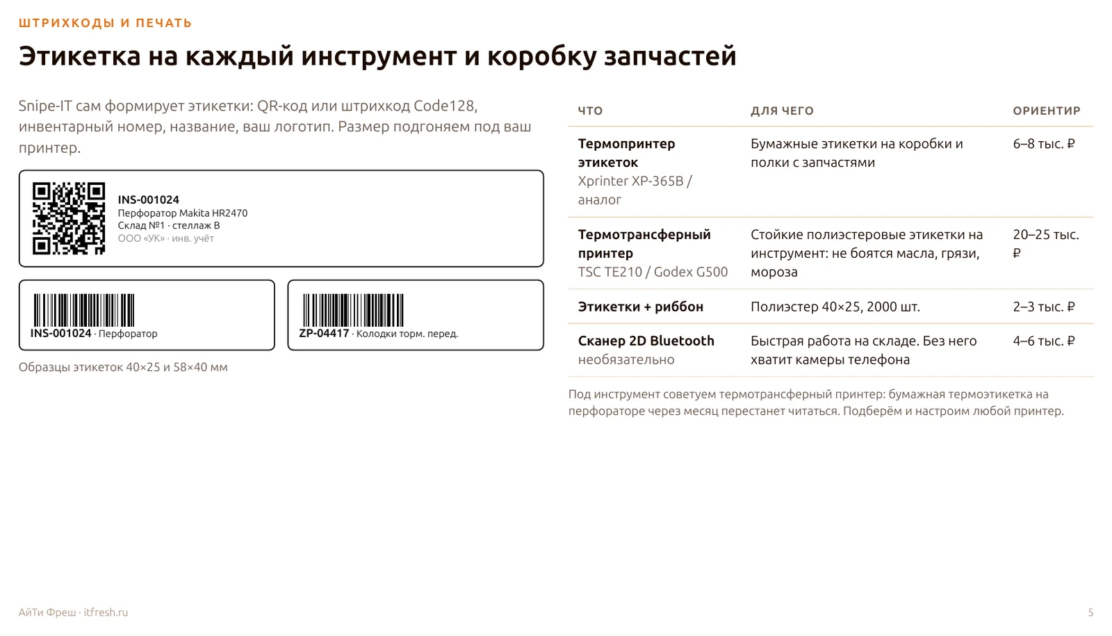 Слайд «Этикетка на каждый инструмент и коробку запчастей» с образцами этикеток 40×25 и 58×40 мм, на которых QR-код и Code128