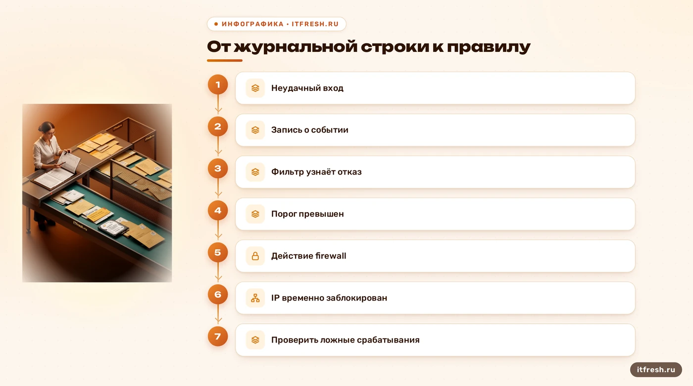 Схема работы Fail2ban по журналам почтовой аутентификации