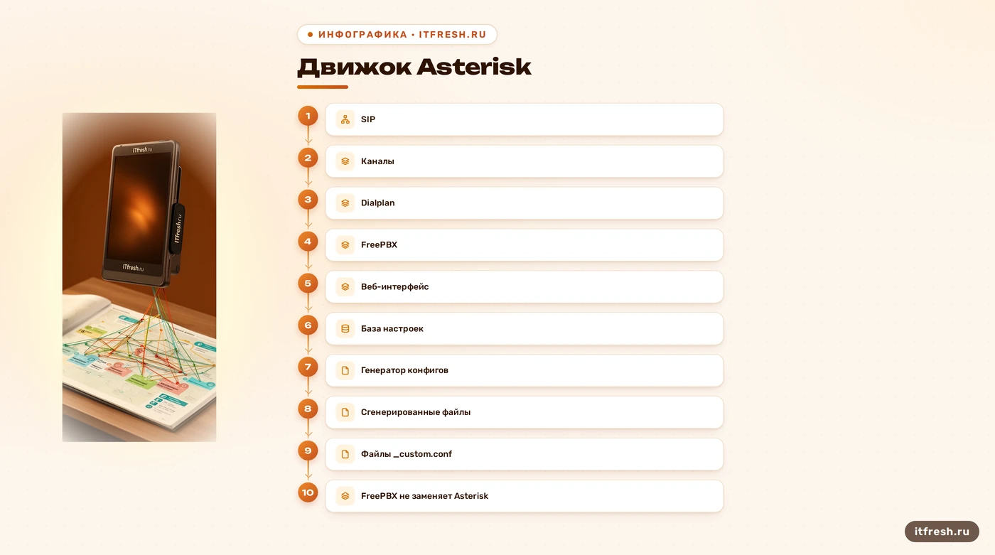 Архитектура FreePBX поверх Asterisk и путь сгенерированной конфигурации