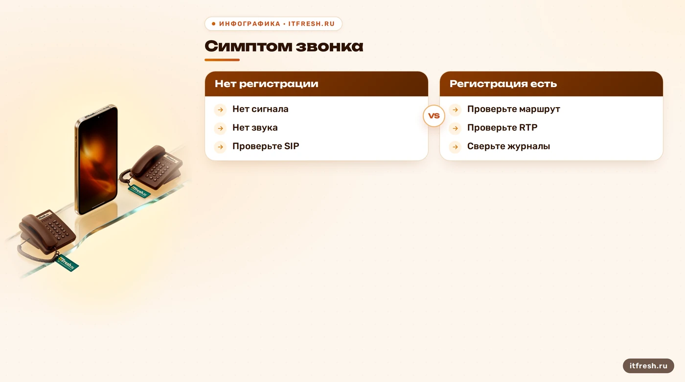 Дерево диагностики звонка FreePBX: SIP, маршрут и RTP