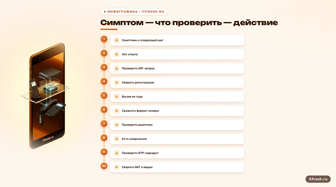 Карта проверки SIP, диалплана и RTP при потере звонков