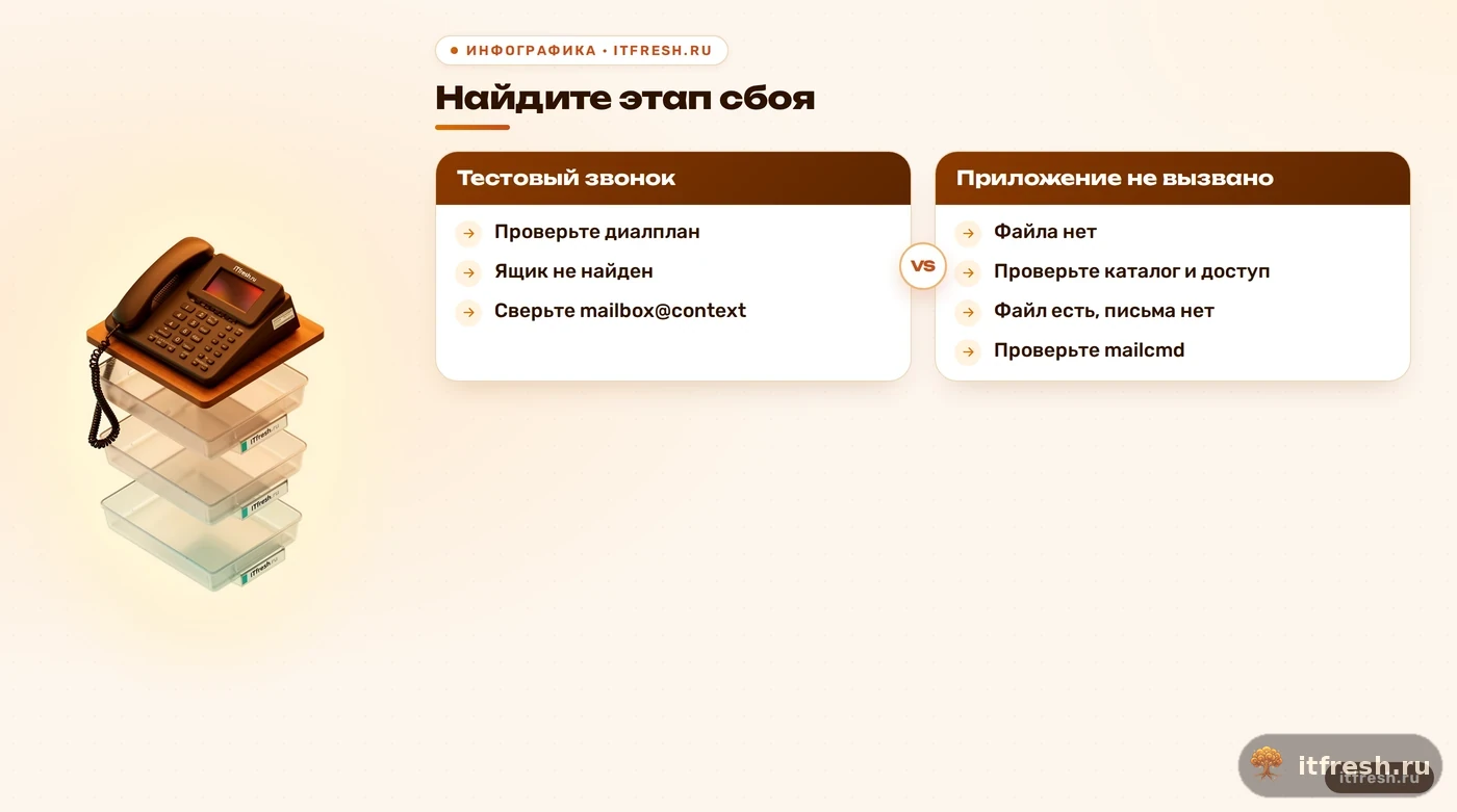 Дерево решений для диагностики отсутствующей записи или письма Asterisk