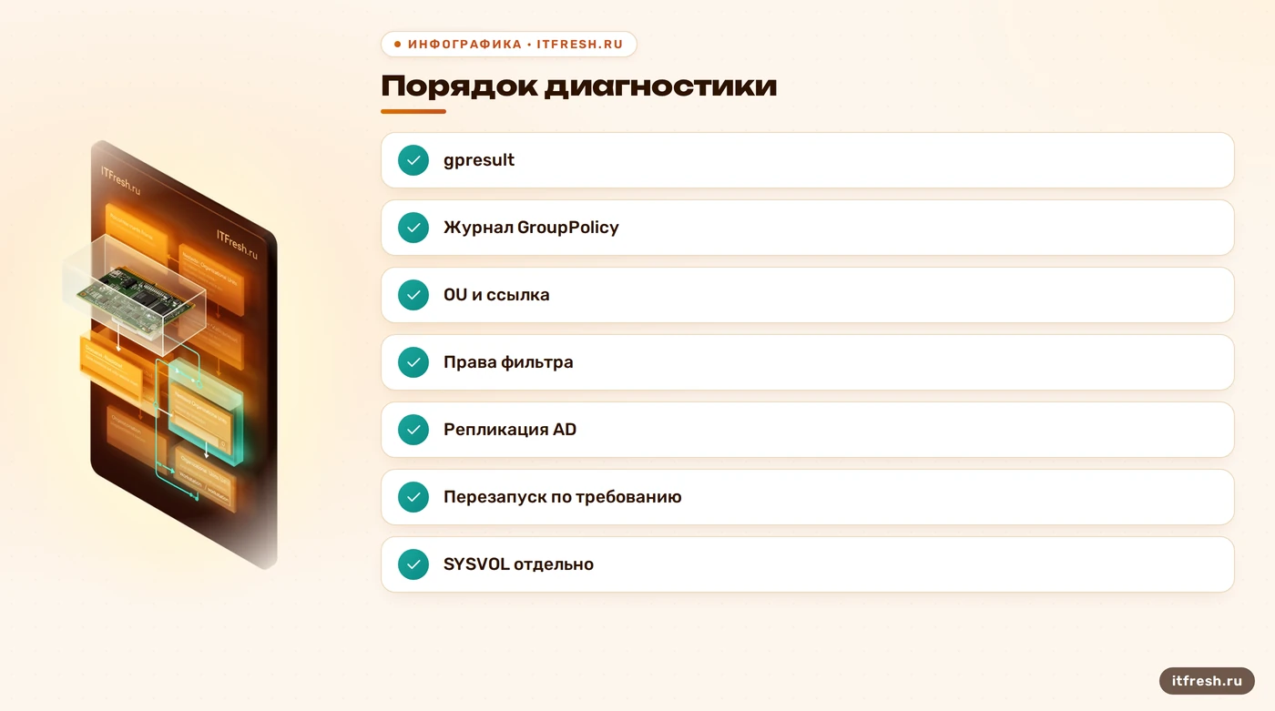 Порядок диагностики GPO от клиентского отчёта до проверки репликации