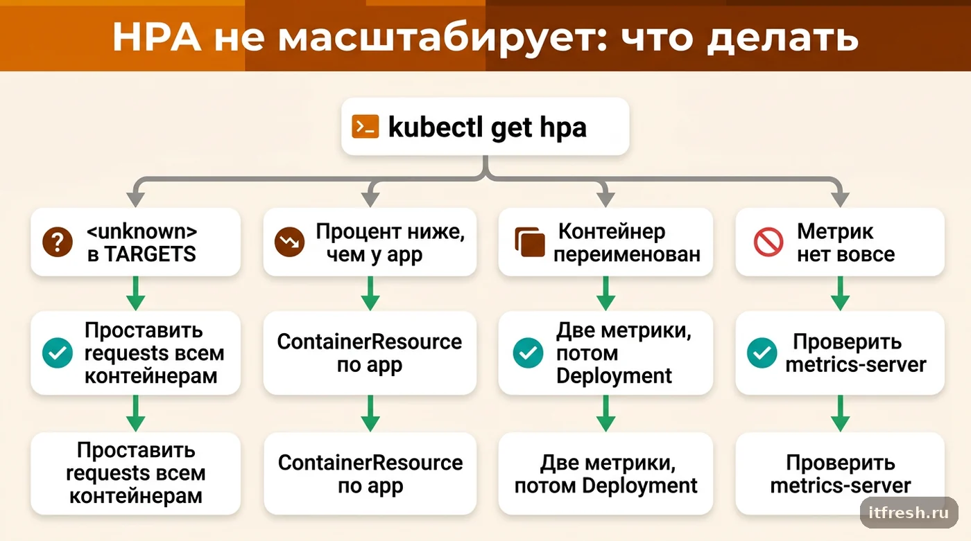 Дерево решений для HPA Kubernetes: unknown, заниженный процент, переименованный контейнер, metrics-server