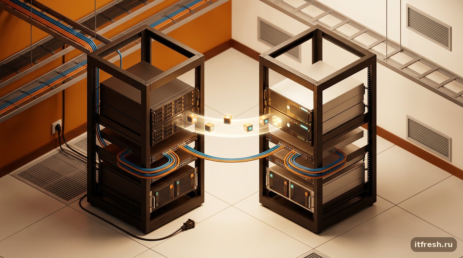 Два узла Hyper-V Failover Cluster: при отказе одного сервера виртуальные машины перезапускаются на втором
