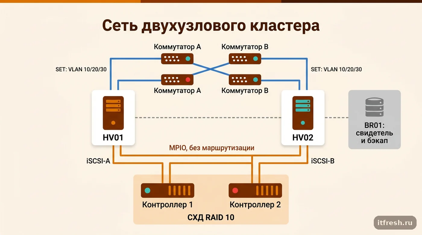 Схема сети Hyper-V-кластера: SET для управления и ВМ, две iSCSI-сети с MPIO, свидетель кворума на отдельном сервере