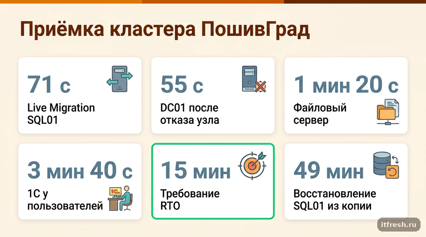 Результаты приёмки Hyper-V-кластера: время Live Migration, перезапуска ВМ после отказа узла и восстановления из копии