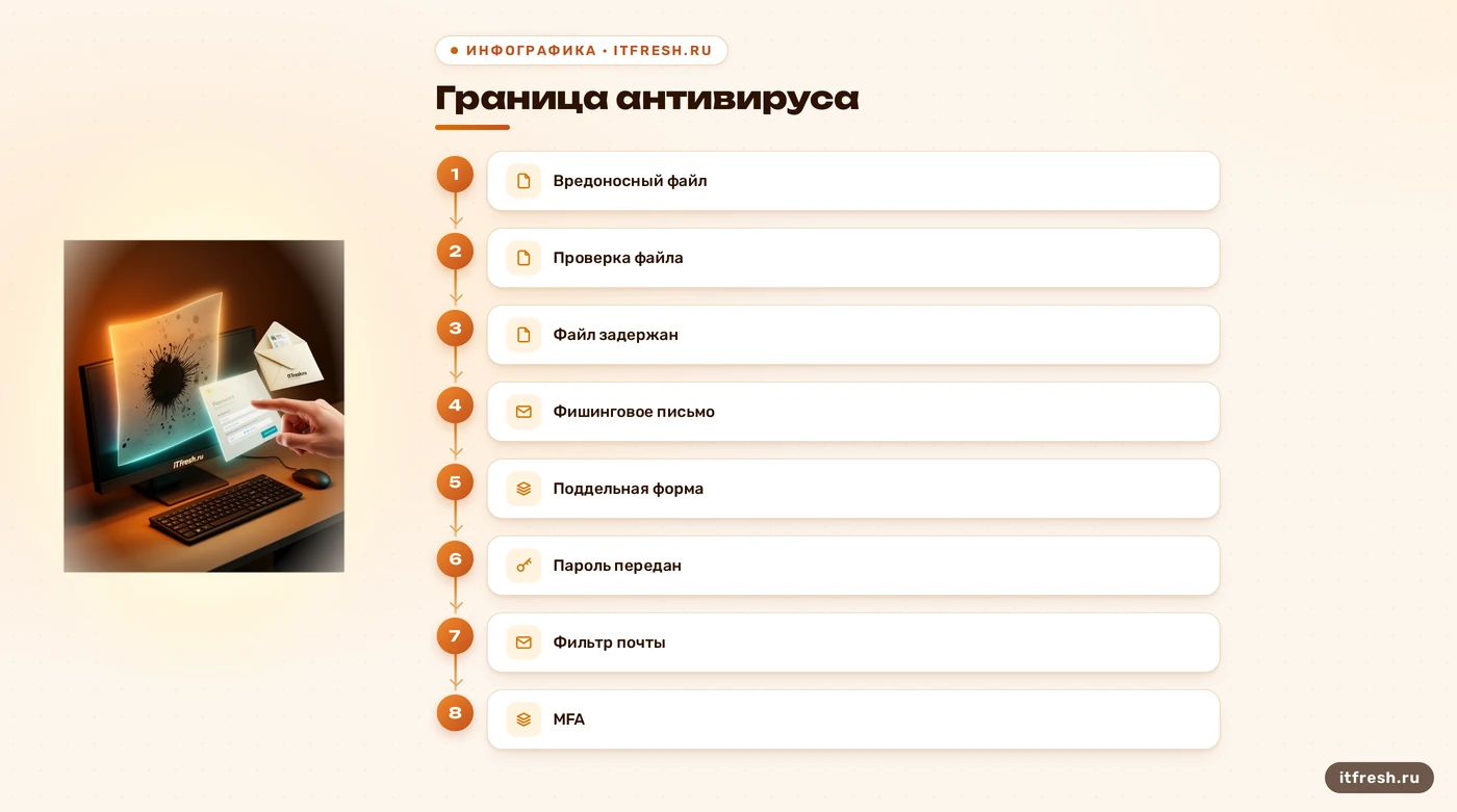 Схема показывает, как антивирус останавливает файл, но не перехватывает кражу пароля через фишинг