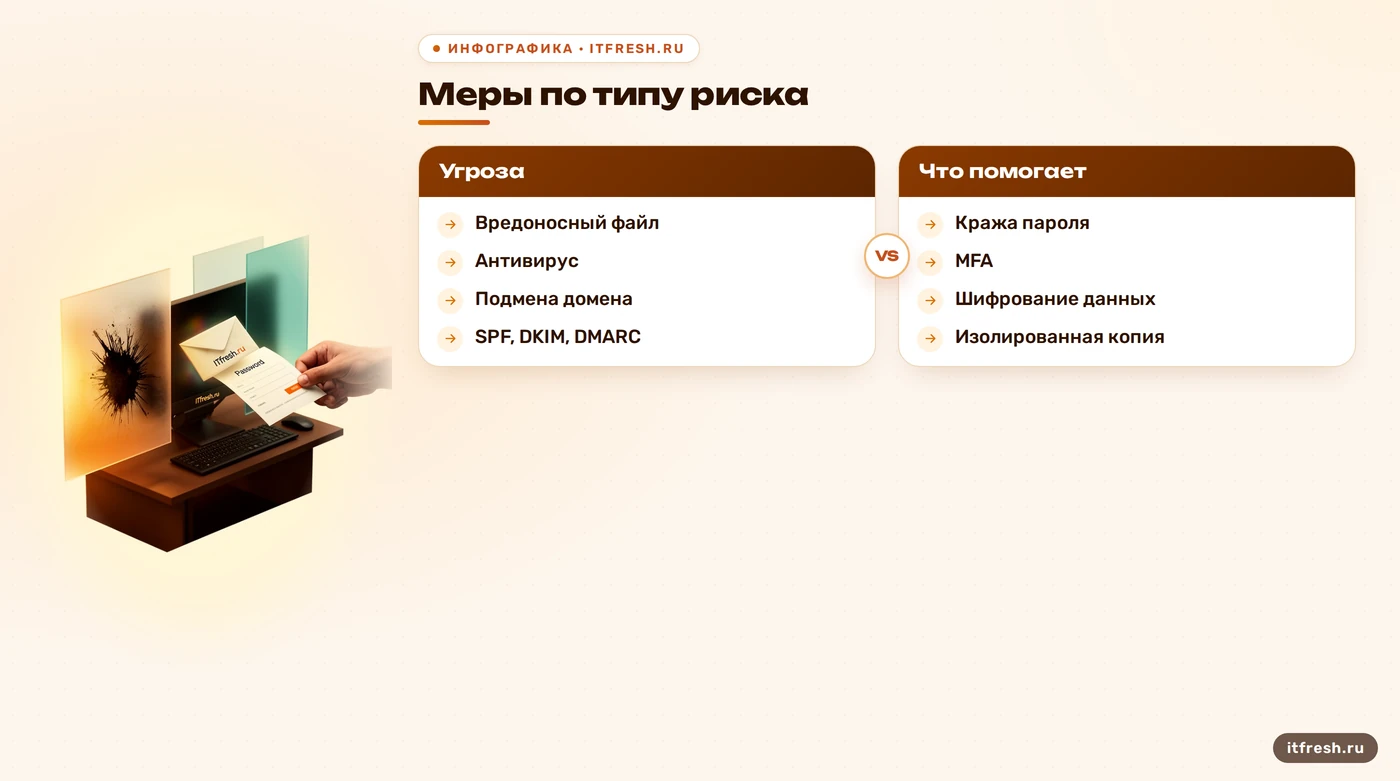Сравнение угроз и дополнительных мер: антивирус, аутентификация почты, MFA и резервная копия
