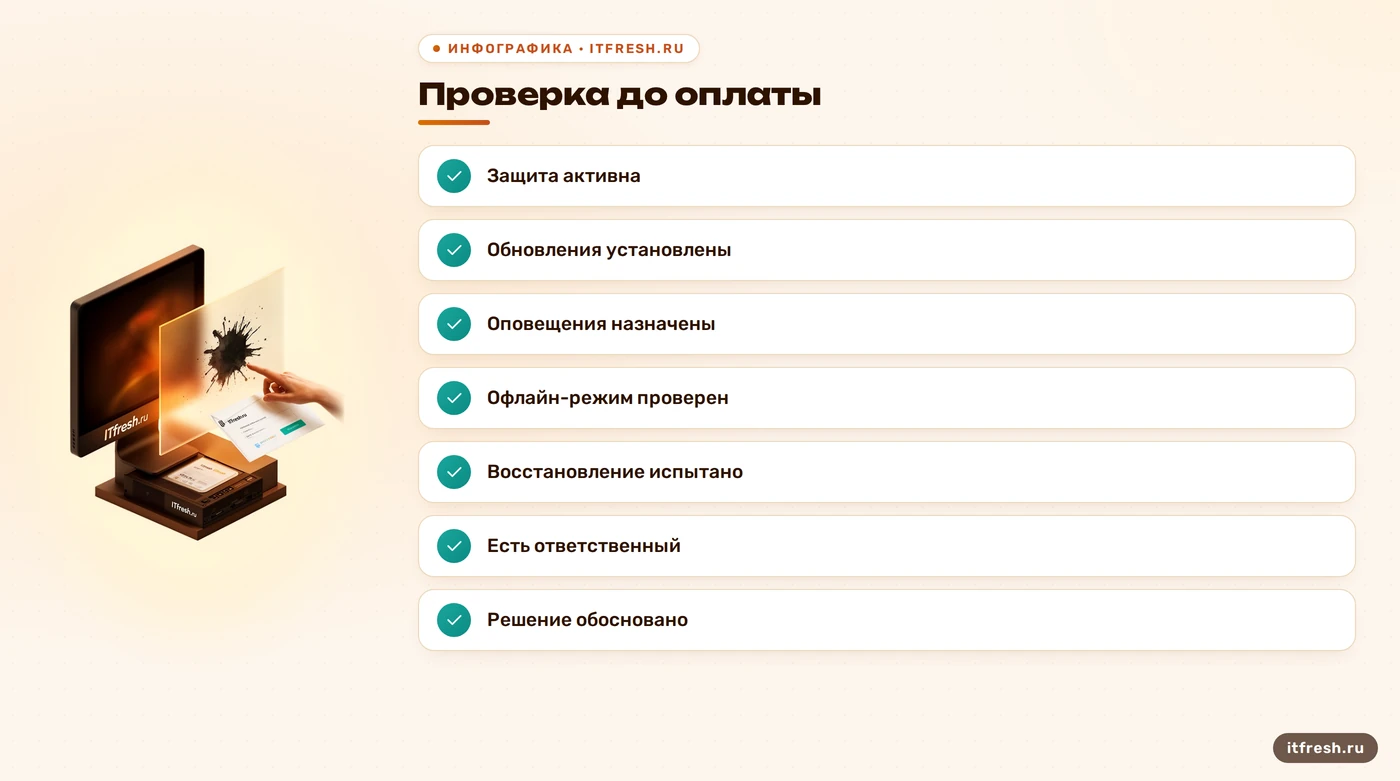 Чек-лист проверки антивирусной защиты, обновлений, оповещений и резервного восстановления