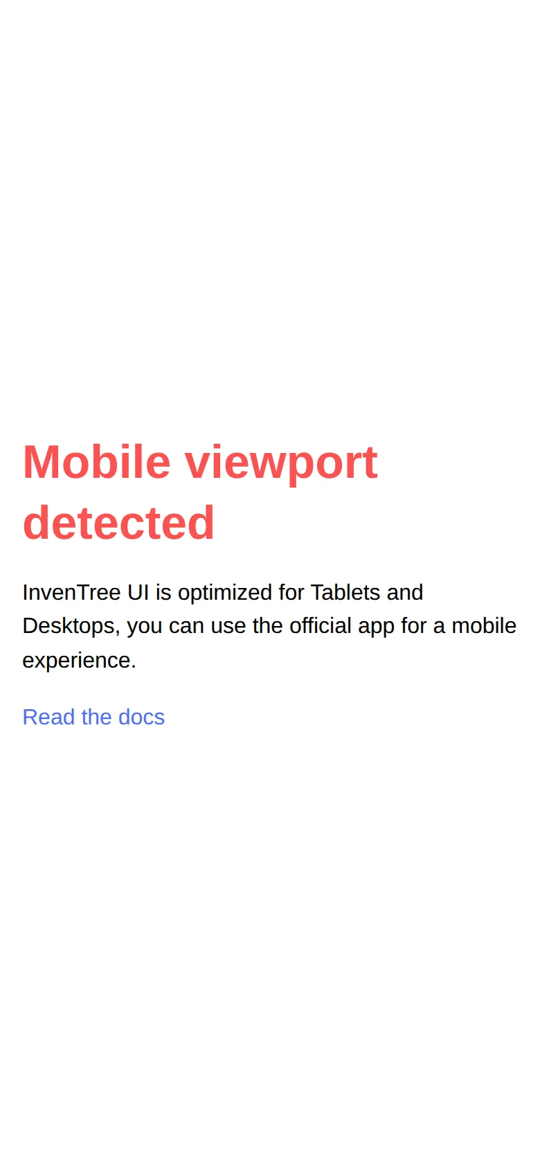 Веб-интерфейс InvenTree на смартфоне с предупреждением «Mobile viewport detected» и предложением установить официальное приложение
