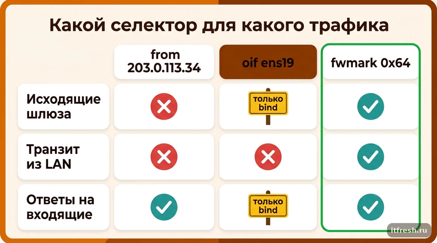 Сравнение селекторов ip rule from, oif и fwmark для исходящего, транзитного и ответного трафика