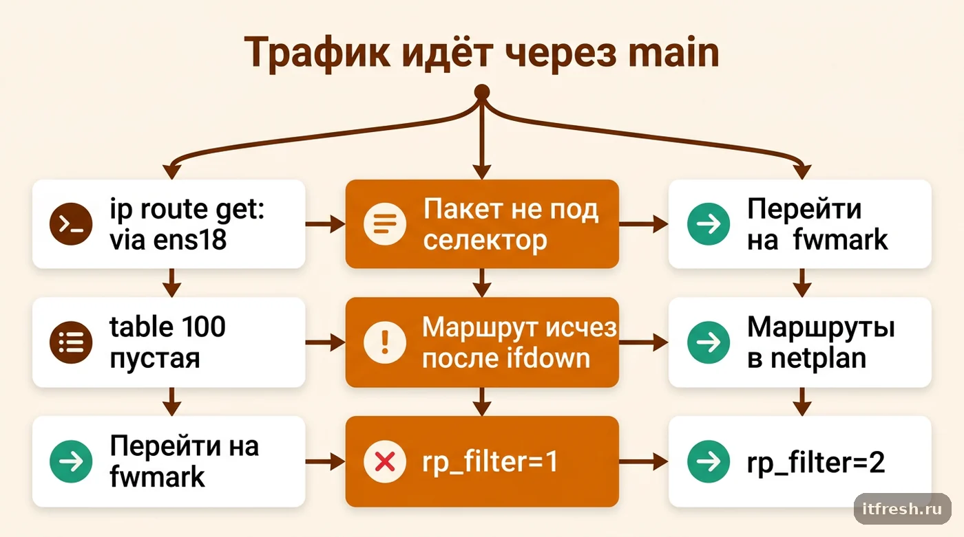Дерево диагностики policy routing: селектор, пустая таблица, rp_filter и что делать в каждом случае