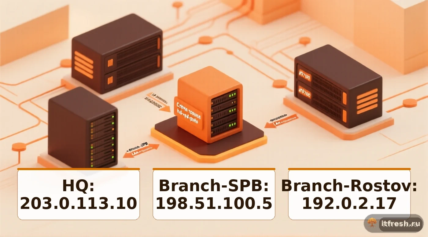 Схема топологии hub-and-spoke для IPsec IKEv2 на strongSwan с центральным узлом и филиалами