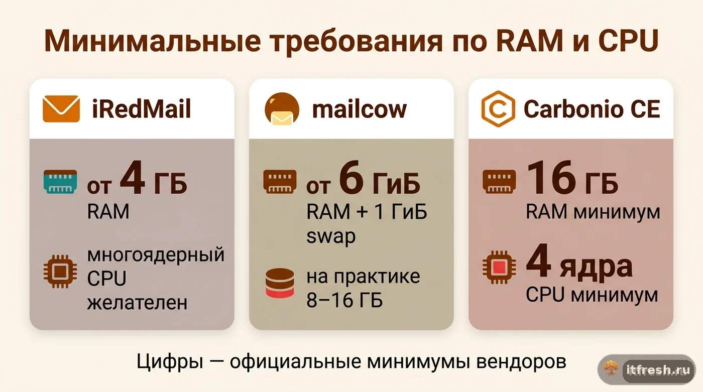 Сравнение минимальных требований RAM и CPU iRedMail, mailcow и Carbonio CE для выбора почтового сервера