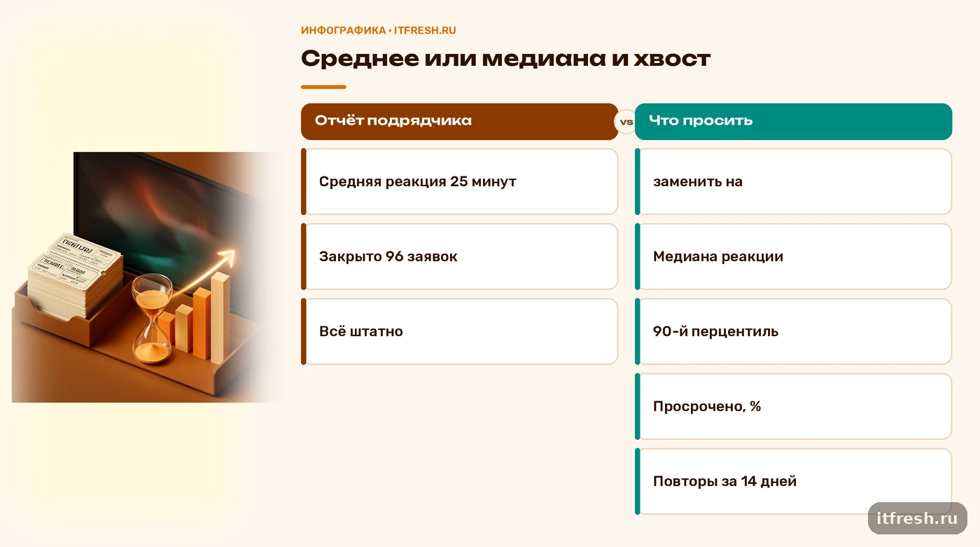 Сравнение: средние цифры подрядчика против медианы, 90-го перцентиля и повторов в отчёте о KPI IT аутсорсинга