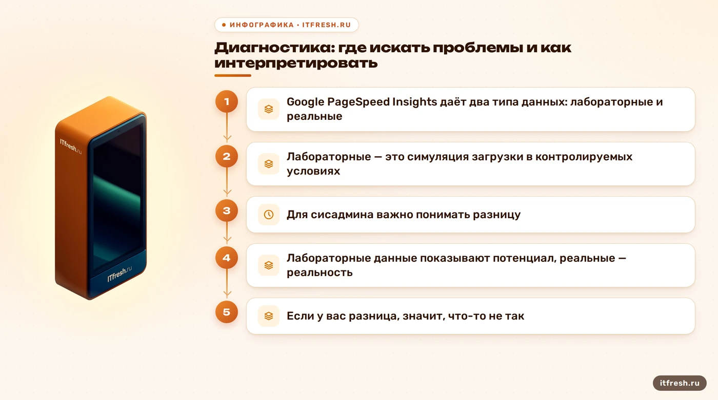 Диагностика: где искать проблемы и как интерпретировать: Google PageSpeed Insights даёт два типа данных: лабораторные и реальные