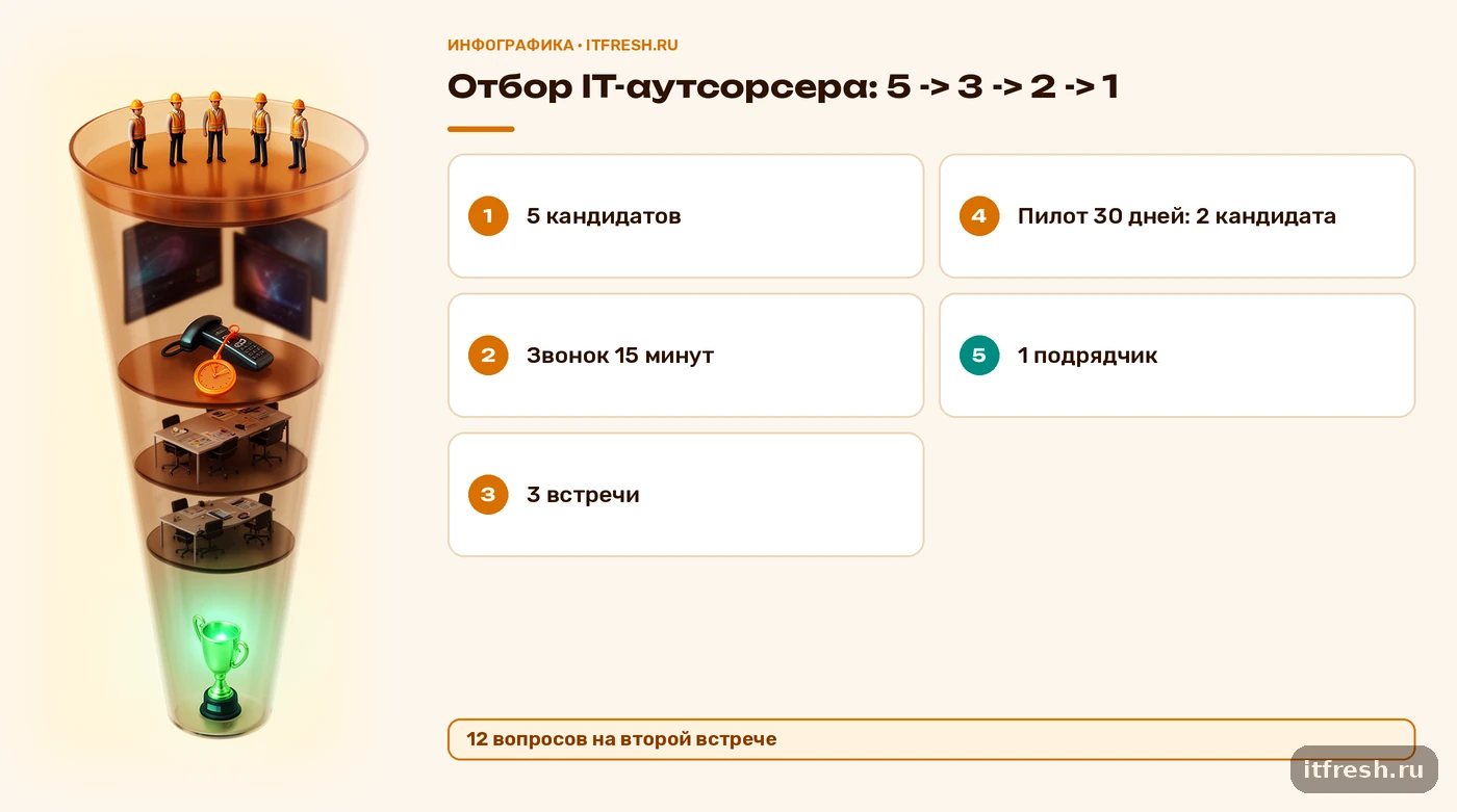 Воронка отбора IT-аутсорсера: пять кандидатов, звонок, три встречи, пилот с двумя кандидатами, один подрядчик