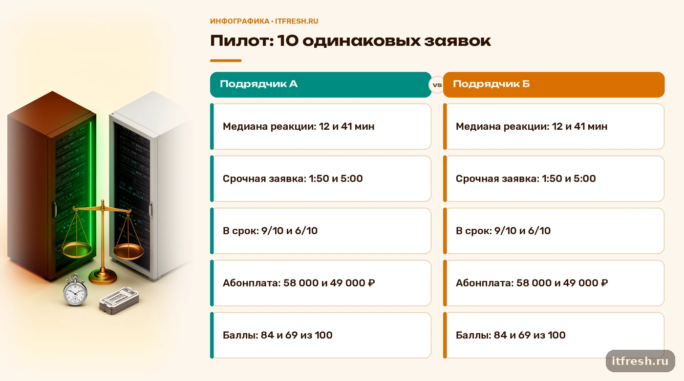 Сравнение двух IT-подрядчиков по итогам пилота: реакция, срочная заявка, заявки в срок, абонплата