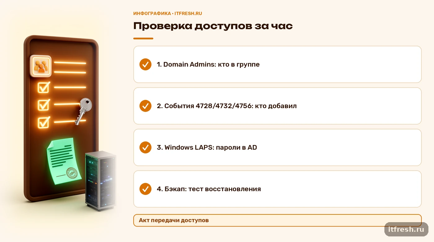 Чек-лист проверки доступов IT-аутсорсера: администраторы домена, события 4728/4732/4756, Windows LAPS, тест бэкапа