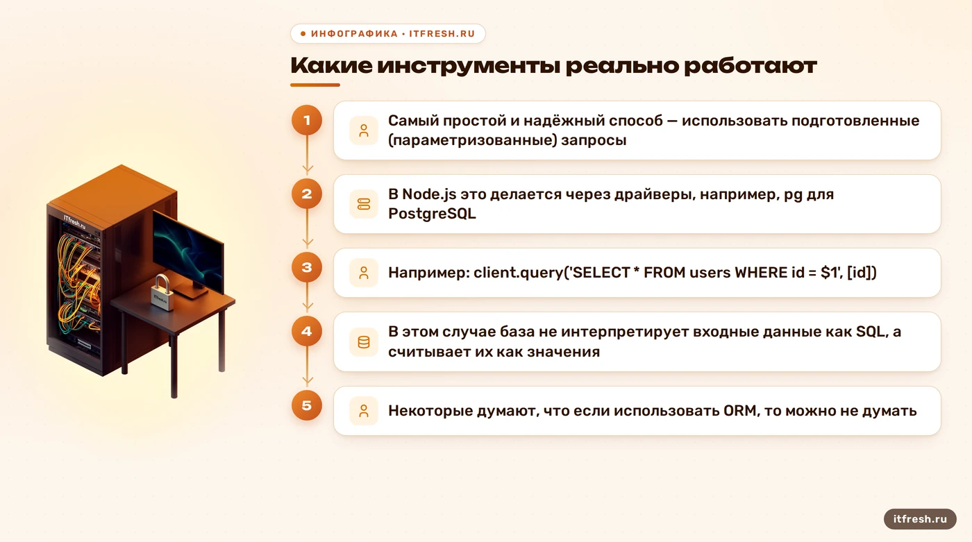 Какие инструменты реально работают: Самый простой и надёжный способ — использовать подготовленные (параметризованные) запросы