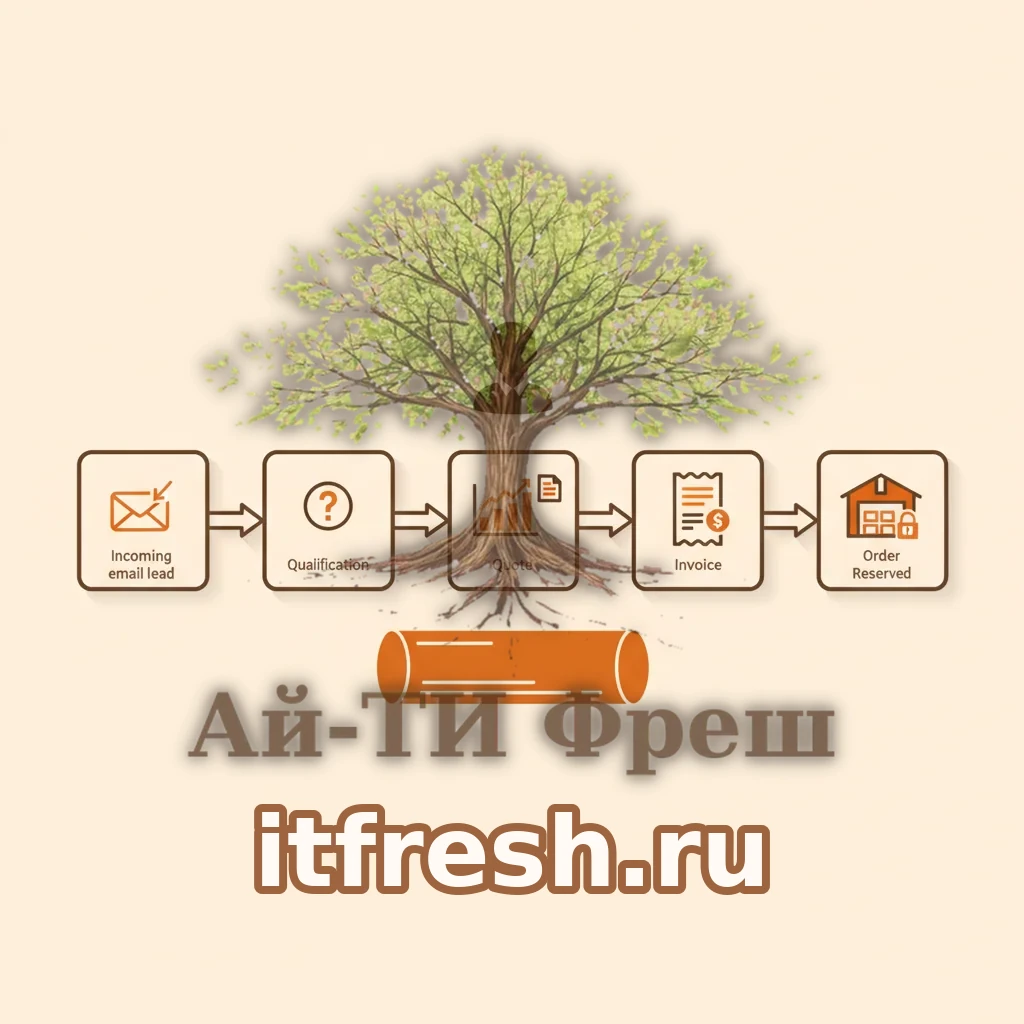 Схема процесса сделки: цепочка карточек от лида на sales@ через квалификацию, КП с остатками склада, счёт и заказ к резерву, поверх единой базы PostgreSQL