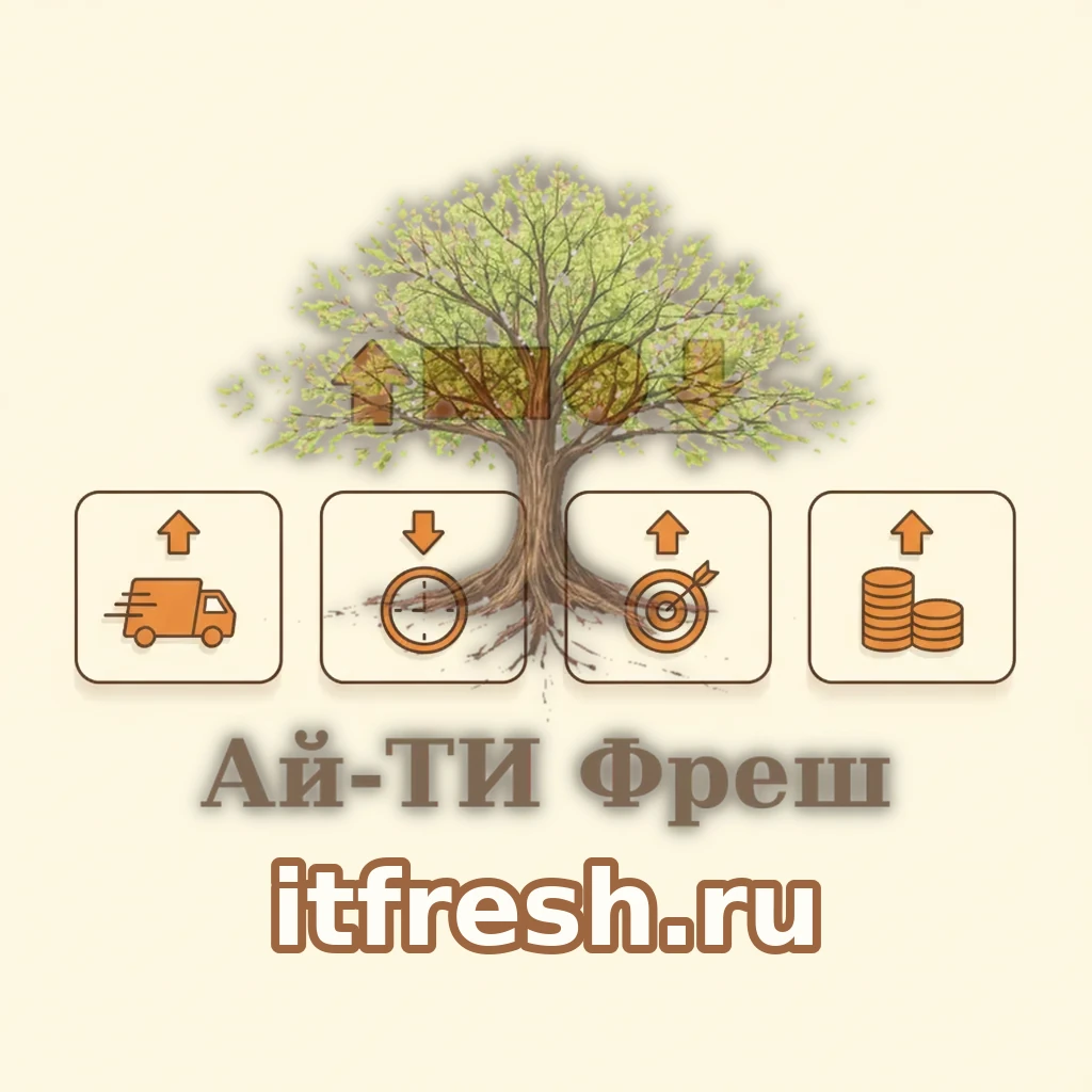 Инфографика результатов через шесть месяцев: четыре крупных плитки со стрелками улучшения по срывам отгрузок, времени на КП, win rate и окупаемости